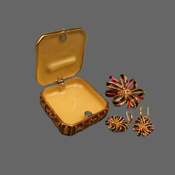 Joan Rivers Trinket Box w/ Brooch and Earrings, Gold and Enamel w/ Crystals, Vtg - Picture 4 of 10